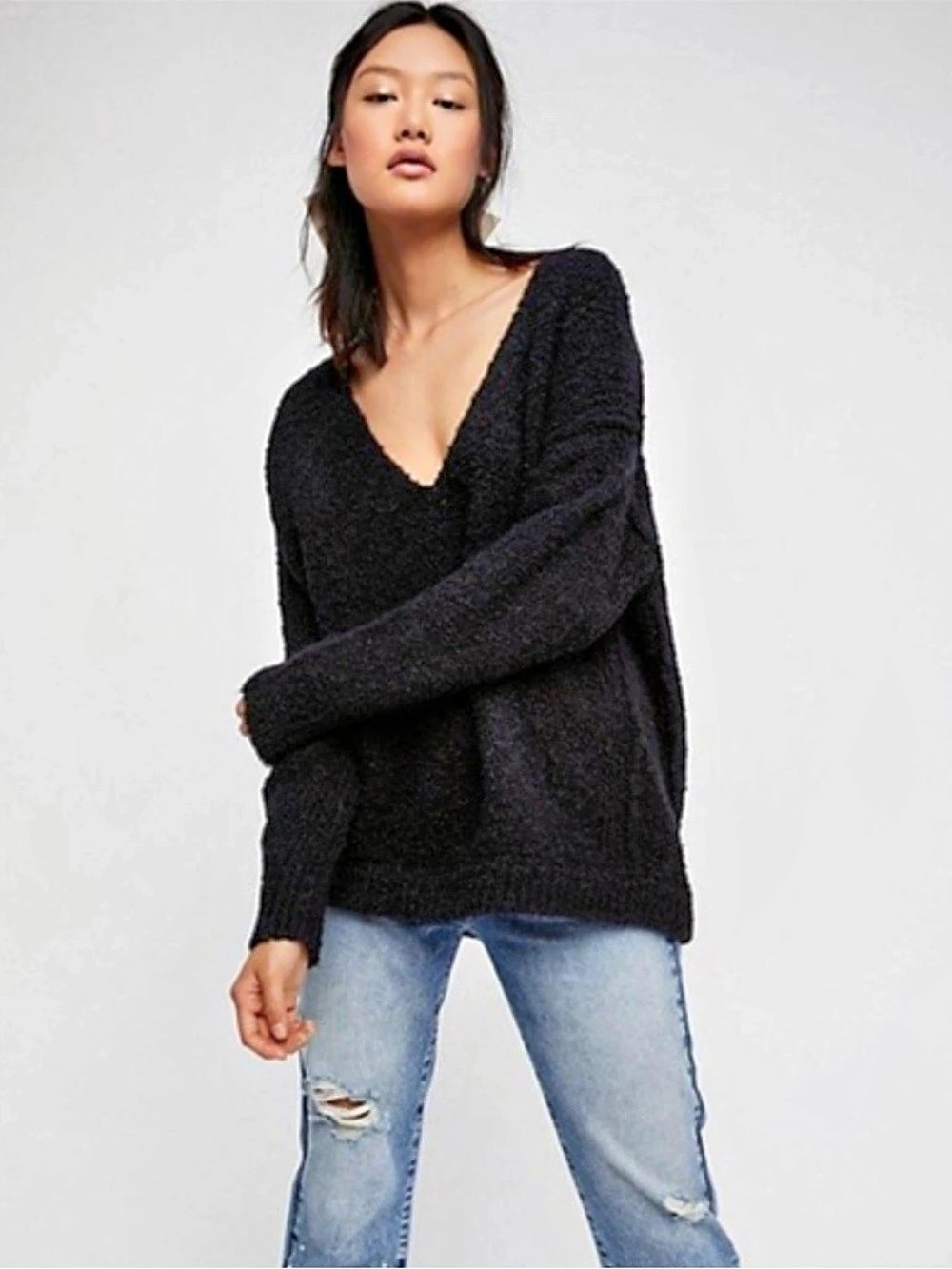 Free People Ottoman Slouchy Tunic Black V-Neck Sweater - Size L